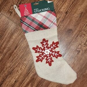 New Holiday Woodlands Red & Cream Plaid Snowflake Burlap 20" Christmas Stocking